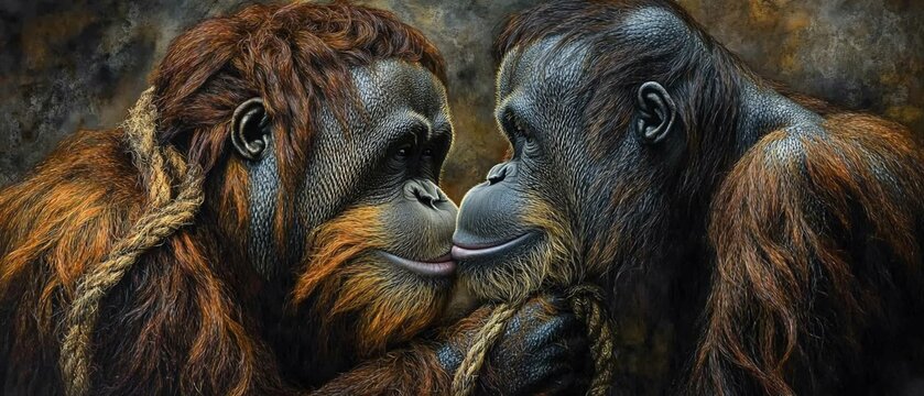 Orangutans in embrace, sharing a tender moment with each other. Close-up