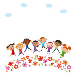 花畑をジャンプする子供達