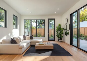 Fototapeta premium Modern living room with large windows, sectional sofa, and hardwood floors.