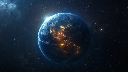 Obraz premium planet earth, night, space, communication, connection, business, finance, global, web, technology, lights, network, world, map, communication lines, digital, data, satellite, geography, system, intern