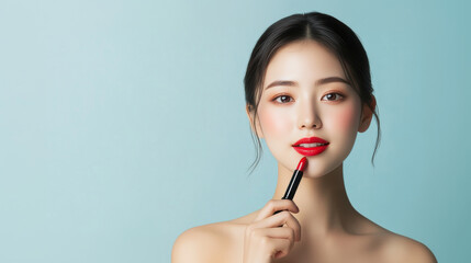 Asian woman applying red lipstick with soft expression against light blue background.
