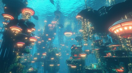 Fototapeta premium A surreal underwater city filled with glowing lights.