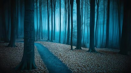 Pathway in a mystical fall forest, fallen leaves covering the ground, dreamy atmosphere