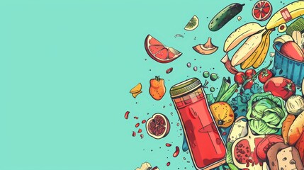 Creative food waste awareness design featuring fruits and vegetables for sustainable living. Horizontal banner. Copy space. Flat illustration