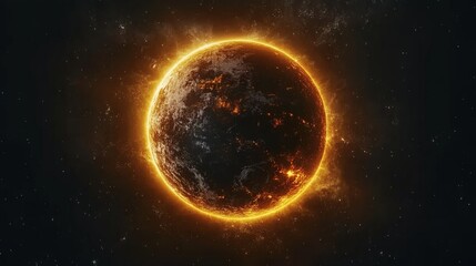 Fiery Planet Glowing With Golden Light In Dark Space