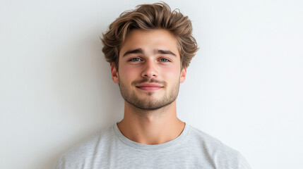 Fototapeta premium young man with wavy hair and friendly smile, wearing gray t shirt against light background.