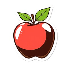 A bright red apple with a brown stem and two green leaves on a white background