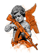 Surreal illustration of a cherubic angel holding an assault rifle, rendered in a monochromatic style with orange accents