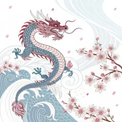 Elegant Dragon Design with Cherry Blossoms and Waves in Pastel Colors