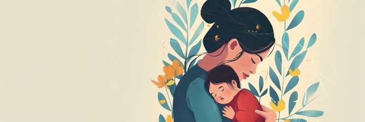 Celebrating world maternal mental health day with an embrace of love and support. Horizontal banner. Copy space. Postpartum depression concept. Postnatal care services, women's wellness