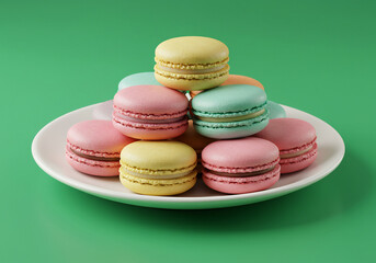 Pastel Macarons Stacked on White Plate Against Green Background