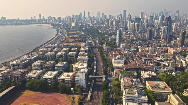 Aerial view of Mumbai City, Maharashtra, India. Drone shot of Mumbai skyline, beautiful cloudy weather during monsoon