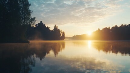 Fototapeta premium Serene sunrise over a tranquil lake reflecting the golden light and trees