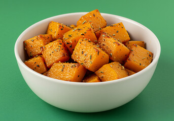 Roasted Butternut Squash Cubes in White Bowl on Green Background