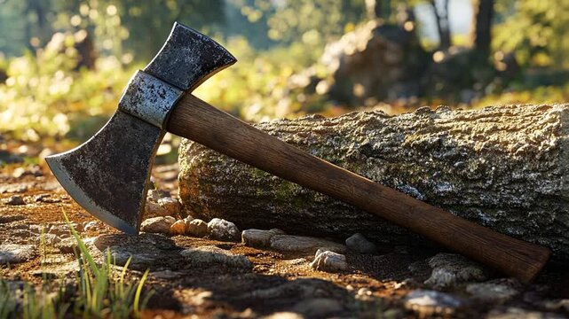 Close-up of a Double Bit Axe on a Log in a Forest Environment for Outdoor Enthusiasts