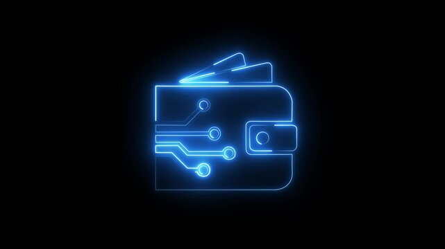 Glowing neon line Cryptocurrency wallet icon isolated on black background. Digital wallet. E-wallet. Online payment by digital wallet. Mining concept. Money, payment, cash, pay icon. 4K Video.