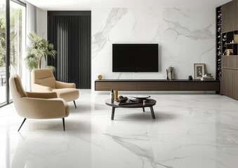 Modern living room with marble floor and wall, beige armchairs, and TV.