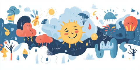 Illustrated depiction of a sunny weather scene with elements of nature