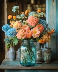 Pastel Bouquet in Vintage Mason Jar on Rustic Table