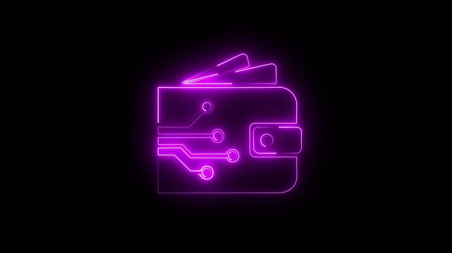 Glowing neon line Cryptocurrency wallet icon isolated on black background. Digital wallet. E-wallet. Online payment by digital wallet. Mining concept. Money, payment, cash, pay icon. 4K Video.	