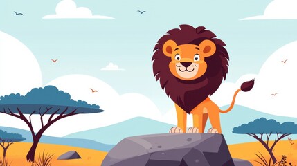 Playful cartoon lion rock in african savanna digital vibrant environment whimsical viewpoint animal concept