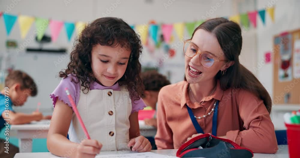 Poster teacher, student and high five in classroom, school and support with mind development at academy. ed