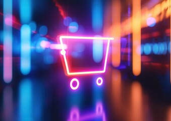 Neon Shopping Cart Icon Illuminated in Vibrant Digital Environment