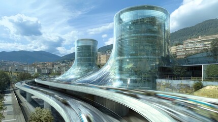 Naklejka premium Futuristic Cityscape: Elevated Transportation System and Glass Towers