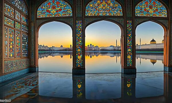 Sunrise over a tranquil lake, seen through colorful stained glass arches