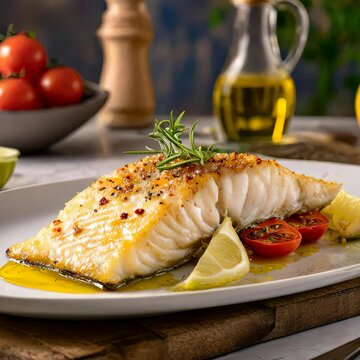 Delicious grilled cod fillet with cherry tomatoes, lemon wedges, rosemary, and olive oil.