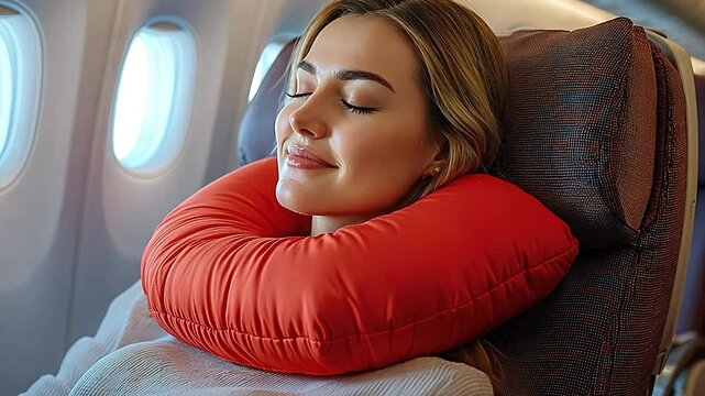 Peaceful Travel: Woman Sleeping Comfortably on Airplane with Neck Pillow