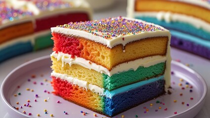 Vibrant Rainbow Cake Slice with Chocolate Ganache & Sprinkles – A Colorful Delight