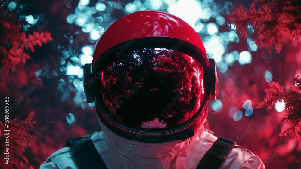 Poster astronaut in red helmet amidst glowing forest at night. space exploration fantasy.