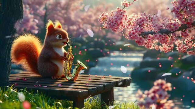 Adorable cartoon squirrel playing saxophone by a serene cherry blossom river. Seamless looping time lapse animation video background, lo-fi art.