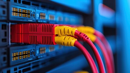 Close-Up of Colorful Network Cables Connecting to Modern Data Center Equipment