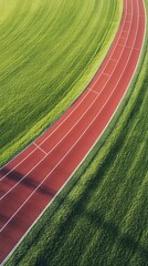 Red track curving through green grass, diagonal view. Texture and perspective
