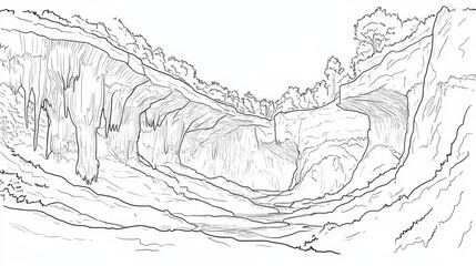 Fototapeta premium Canyon Landscape Line Drawing - Detailed line drawing of a canyon with overhanging rock formations and lush trees, ideal for coloring and