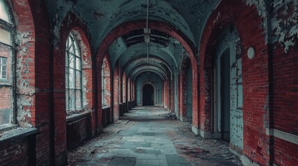 Naklejka premium Decaying Grandeur: Exploring the Forgotten Halls of an Abandoned Brick Building