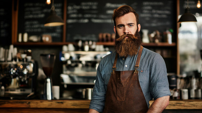 Bearded barista in a rustic café, warm tones, sharp details of coffee equipment in the background