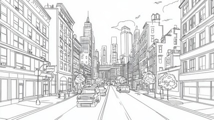 City Street Line Drawing - A detailed line drawing of a city street scene, showcasing buildings, cars, and trees. Perfect for coloring books, urban design projects, or as a