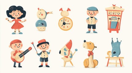 Colorful Illustration Featuring Various Cartoon Characters and Objects