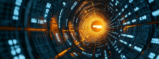 Abstract Digital Tunnel with Glowing Orange and Blue Data Streams