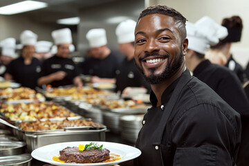 Chef smiling and holding a plated steak in a busy kitchen with other chefs in the background. Concept of culinary joy and teamwork. For chef recruitment ad.