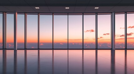 Fototapeta premium A futuristic airport terminal with floor-to-ceiling glass windows, the sky outside displaying a seamless gradient from warm peach to deep twilight blue.