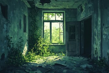 An abandoned room with vines growing through window opening