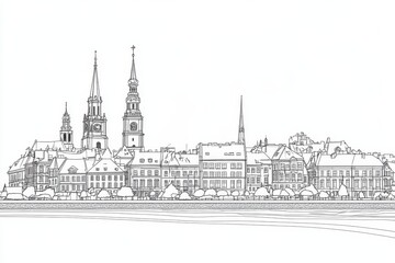 Cityscape Line Drawing - A detailed line drawing of a European city skyline, featuring historic buildings and a waterfront