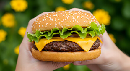 "A close-up of a delicious cheeseburger being held in a person's hand. The burger consists of a sesame seed bun, a juicy beef patty, melted cheddar cheese, and fresh green lettuce. The background is s