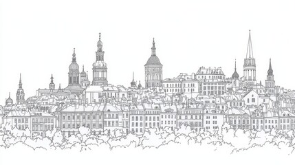 Fototapeta premium Cityscape Line Drawing - A detailed line drawing of a European city skyline, featuring numerous buildings and trees. Ideal for coloring pages, prints, and design projects