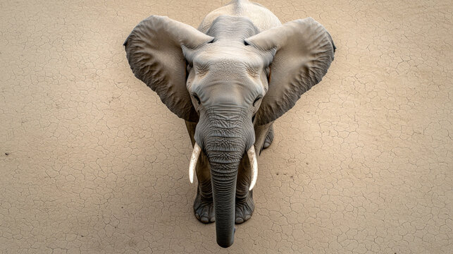 Aerial view of solitary elephant on dry cracked earth, showcasing its majestic presence