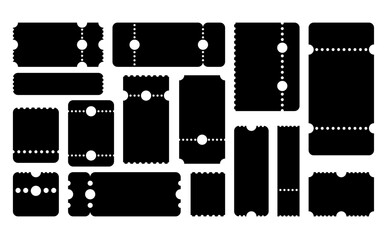 Empty tickets template. Set blank concert ticket, lottery coupons. Event coupon or cinema movie theater cards. Festival or circus paper empty flyers. Vector isolated illustration